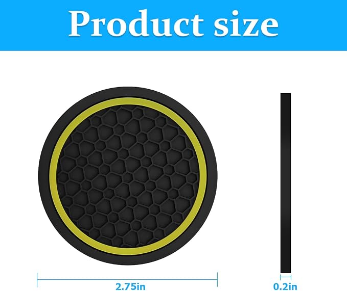 Mandark 4PCS Car Cup Holder Coasters, 2.75 Inch Non-Slip Insert Water Bottle Holder Pads, Dustproof Automotive Interior Accessories Mat, Universal for Vehicles, Trucks, RVs and More (Black/Yellow)