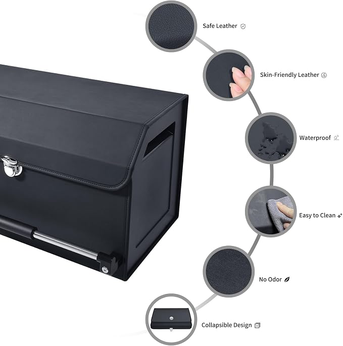 Trunk Organizer for Car with Lid Leather Trunk Organizer Car Organizer | SUV Trunk Organizer with Push-pull Handle Car Trunk Storage Organizer for Minivan, Truck, Sedan (Black, 20.47x11.42x12.2in)