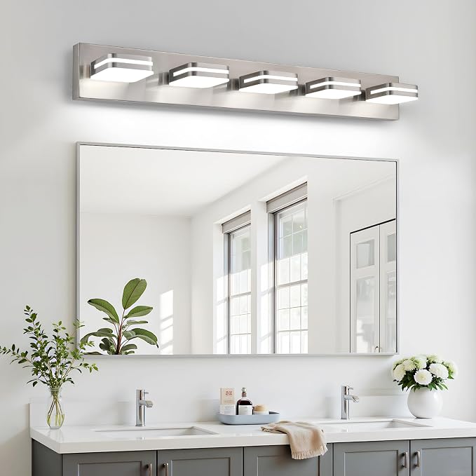 Torondo 360° Rotate LED Bathroom Vanity Light Fixtures, Acrylic Vanity Lights for Bathroom, Modern Wall Lighting Fixtures Over Mirror Living, Brushed Nickel, Natural White, 5-Light, 34-Inch