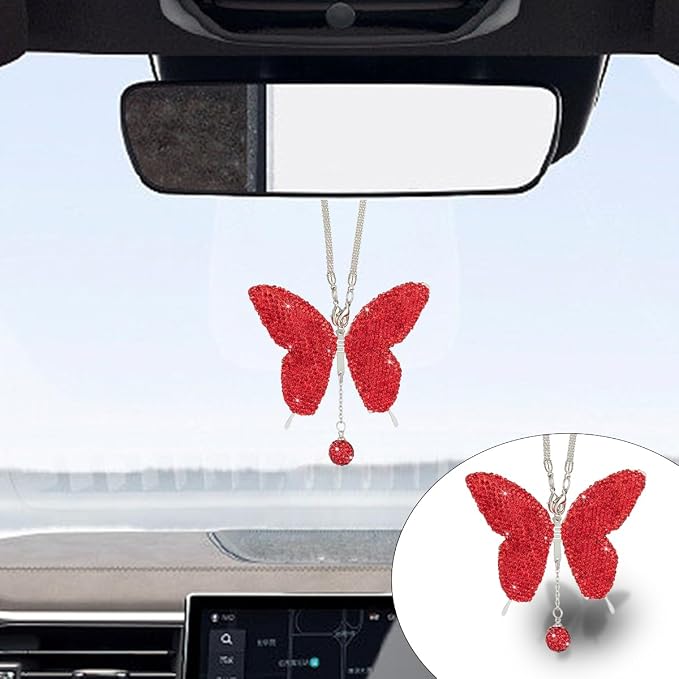 JOYCOURT Bling Butterfly Diamond Car Hanging Accessories for Women, Red | Crystal Butterfly Rear View Mirror Luck Car Decoration Accessories, Valentine's Day Presents Ornament Pendant for All Cars