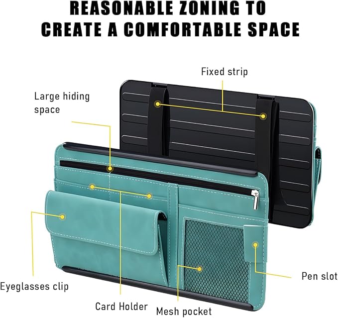 Yourkar Car Sun Visor Organizer, Soft Leather Surface Eyeglasses Note Card Holder Car Storage Bag, Scratch-Resistant Waterproof Auto Sunshade Organizer Bag, Car Accessories (Black)