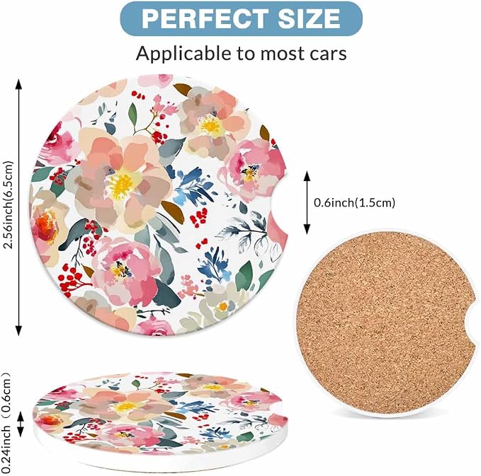 Romantic Floral 2 Pack Car Cup Holder Coaster Spring Garden Colorful Plants Anti Slip Insert Absorbent Ceramic Car Coaster with Cork Base and Finger Notch Cute Car Accessories Interior for Women Men