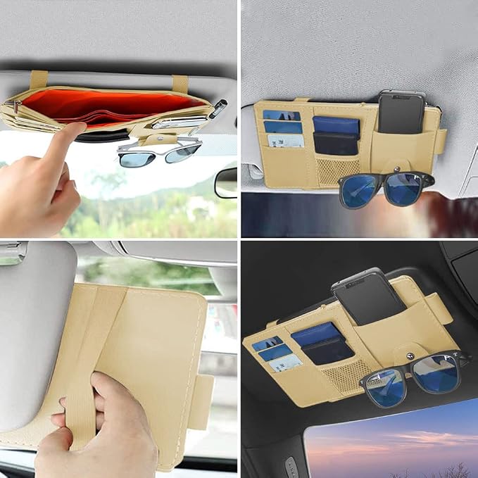 1 Pack Car Sun Visor Organizer, Sunglasses Holder for Car Sun Visor, Auto Interior Accessories Pocket Organizers Can Store for Sunglasses, Documents, Cards, Pen, Drivers License (Beige)