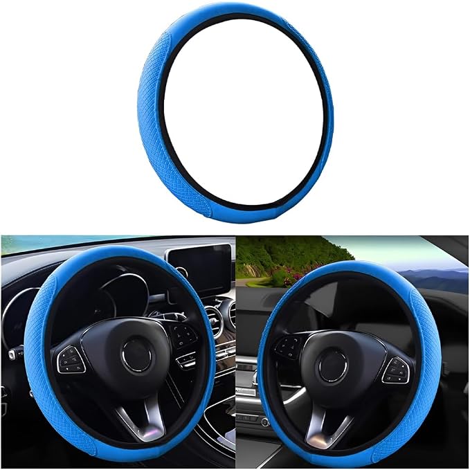 Leather Car Steering Wheel Cover, Elastic, Breathable Anti-Slip, Universal 15 inch, Steering Wheel Cover for Men Women (Blue)
