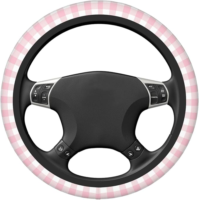 Thickened Elastic Steering Wheel Cover, Girly Pastel Pink Gingham Plaid Ultra, Soft, Breathable, Fit for Cars, SUVs, Trucks, Stylish Comfortable Grip