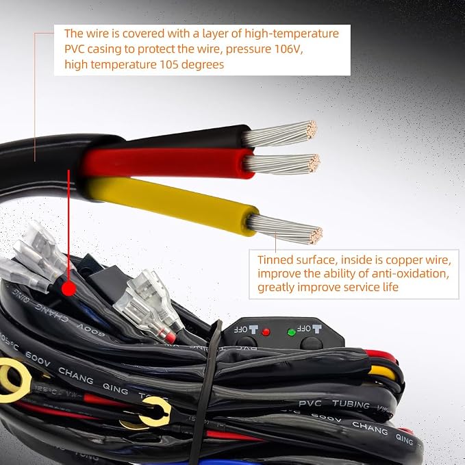 Double Color/High Low Beam Wiring Harness Kit 2 Lead DC12V 40A LED Lights Wiring Harness Switch Relay 14AWG Core Cable Harness fit for Car Fog Lights Work Driving Lights Bar