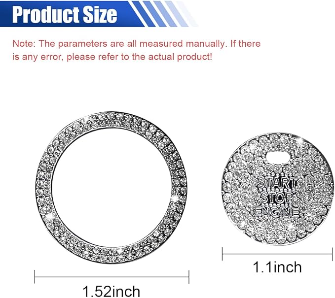 Bling Crystal Car Engine Start Ring Sticker, Sparkling Rhinestone Push Start Button Decorative Cover, Anti-Scratch Key Ignition & Knob Bling Ring Car Interior Accessories for Women (2PCS White2)