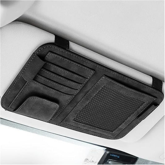 Car Sun Visor Organizer, Multi-Pocket Vehicle Sun Visor Storage Pouch with Sunglasses Clip, Auto Interior Sunshade Eyeglasses Card Holder Organizers, Universal for SUV Sedan Truck (Black)