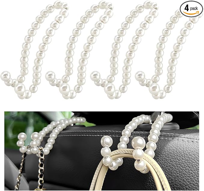 DXNQ 4 PCS Elegant Pearl Car Seat Headrest Hook, Cute Car Seat Hook Hanger Storage Organizer for Handbag Purse, Interior Decoration Headrest Hanger for Women Girls, Car Accessories