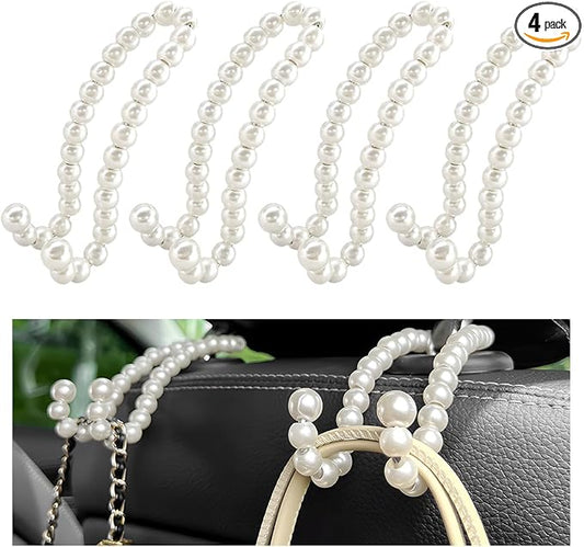 DXNQ 4 PCS Elegant Pearl Car Seat Headrest Hook, Cute Car Seat Hook Hanger Storage Organizer for Handbag Purse, Interior Decoration Headrest Hanger for Women Girls, Car Accessories