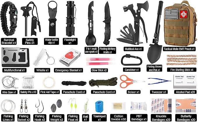 LUXMOM Survival Kit and First Aid Kit, 142Pcs Professional Survival Gear and Supplies Equipment with Molle Pouch, Gift for Fathers Day Men Dad Husband Camping Hiking Hunting Outdoor Adventure