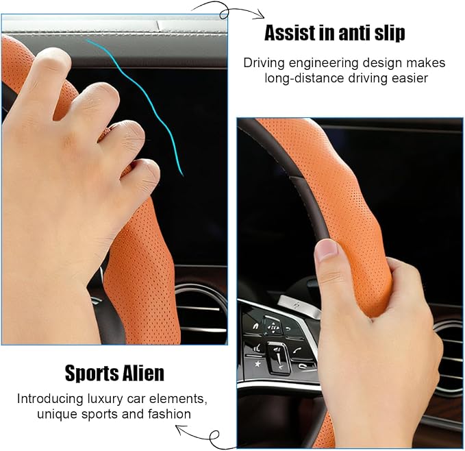 Car Steering Wheel Cover, 15 inch Nappa Leather Anti-Slip & Ultra-Thin 5D Vehicle Steering Wheel Protector, Breathable Automotive Interior Accessories, Universal Fit (Orange)