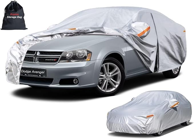 Kayme 6 Layers Sedan Car Cover Custom Fit for Dodge Avenger (1995-2014), Waterproof All Weather for Automobiles,Rain Sun UV Protection.Silver