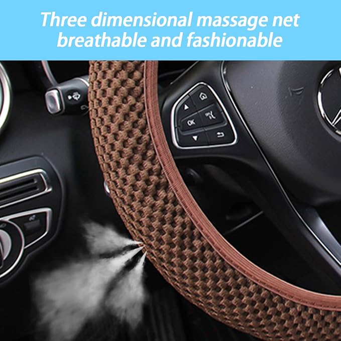 Elastic Stretch Steering Wheel Cover, Universal 15 Inch Car Steering Wheel Cover, Microfiber Breathable Ice Silk, Anti-Slip, Odorless, Easy Carry, Warm in Winter and Cool in Summer (Brown)