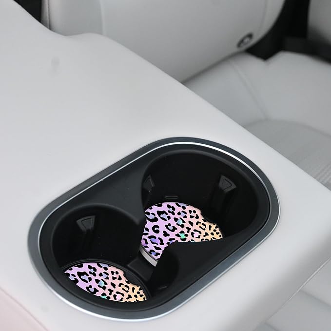 Cute Gradient Leopard Ceramic Cup Holders Car Coasters Set for Women/Men,Drink Cup Car Holder Coasters with A Finger Notch 2.56" Pack of 2