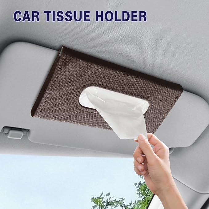 Car Visor Tissue Holder, Tissue Box Holder for Car, Leather Auto Sun Visor Napkin Case Mask Dispenser, Automotive Accessories Rectangular Hanging Auto Napkin Box Fit for Most Vehicles (Brown)