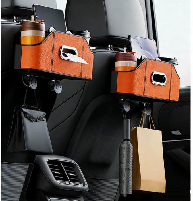 2 Pack 4-in-1 Car Backseat Organizer, PU Leather Headrest Storage Box with Tissue Holder, Dual Cup Holders, Phone Stand & Hooks, Universal Fit for Most Cars, Road Trip Essentials (Orange)
