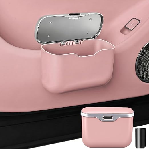 Hanging Car Trash Can, Leakproof Garbage Bin with Lid, Pink | ABS Construction, Clip-On Door/Back Seat Pocket Mount, Waterproof Liner, Push-Top Opening, For Suvs, Trucks, Sedans, Vans