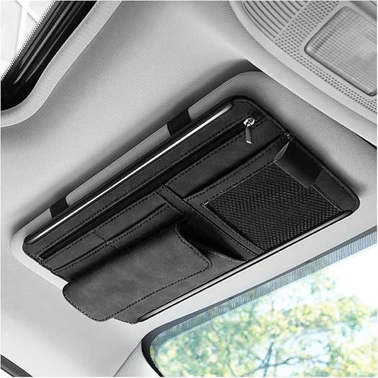 Car Sun Visor Organizer, Multi-Pocket Vehicle Sun Visor Storage Pouch with Sunglasses Box, Auto Interior Sunshade Eyeglasses Card Holder Organizers, Universal for SUV Sedan Truck (Black)