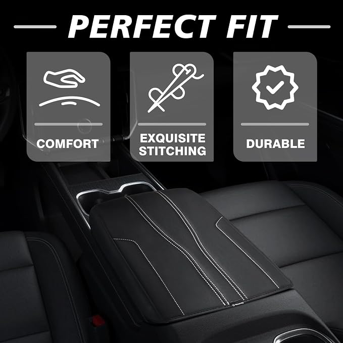 Muslogy Center Console Armrest Cover Fit for GMC Acadia & Chevy Traverse 2024-2026 Accessories, Comfort Armrest Pad Console Lid Cushion Protector Vegan Leather Regular Thick (Black/White Trim)