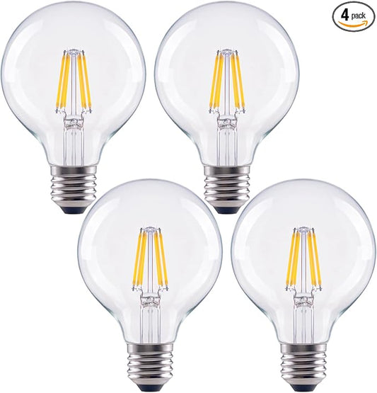G25 LED Globe Light Bulbs, 60W Equivalent 500 Lumens, E26 Base Dimmable 5000K Daylight, CRI 90+ Edison Vanity Light Bulbs for Bathroom Mirror, Bedroom, Kitchen, Clear Glass, 4 Pack