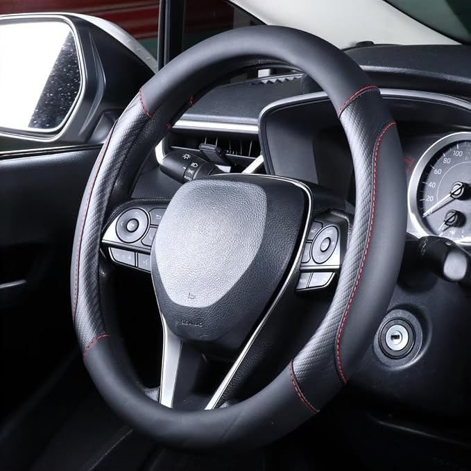 Carbon Fiber Leather Steering Wheel Cover Black - Premium Perforated Leather Sport Wrap with Odorless Rubber Non-Slip Inner, Universal Fit for Cars Trucks SUVS - 15 Inch