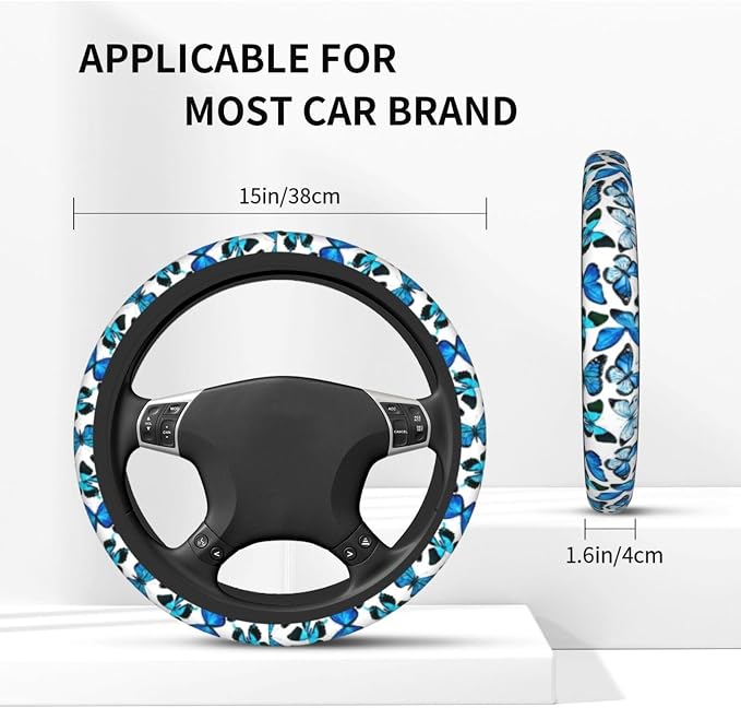 Blue Butterfly Steering Wheel Cover For Women Men Girls, Universal 15 Inch Anti Slip Steering Wheel Protector Car Accessories Interior For Auto Truck Suv