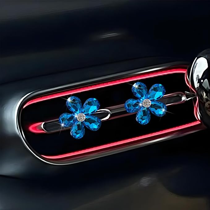 Zpana Bling Daisy Flower Car Air Vent Clips, 5PCS Sparkling Crystal Rhinestone Cute Vehicle Air Conditioning Clamp, Diamond Auto Air Outlet Clip Decor for Women Girls, Universal Fit (Blue)