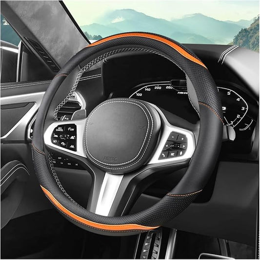 Car Steering Wheel Cover, Carbon Fiber Breathable Vehicle Steering Wheel Cover Wrap with Anti-Slip Lining, Automotive Interior Decorative Accessories, Universal for SUV RV Truck (Orange)