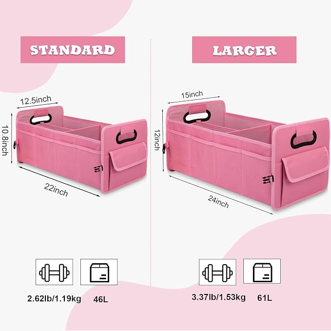JiatuA Car Trunk Organizer, Car Organizers and Storage Collapsible Multi Compartment Container Box, Adjustable Car Accessories for SUV Sedan Truck, Standard Size, Pink