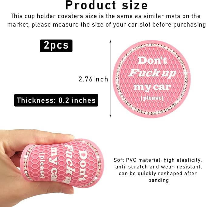 2 PCS Bling Car Cup Coaster, 2.75 Inch Anti-Slip Cup Holder Insert Coasters, Crystal Rhinestone Auto Drink Car Cup Mat for Women Girls, Universal Interior Car Accessories (Pink)