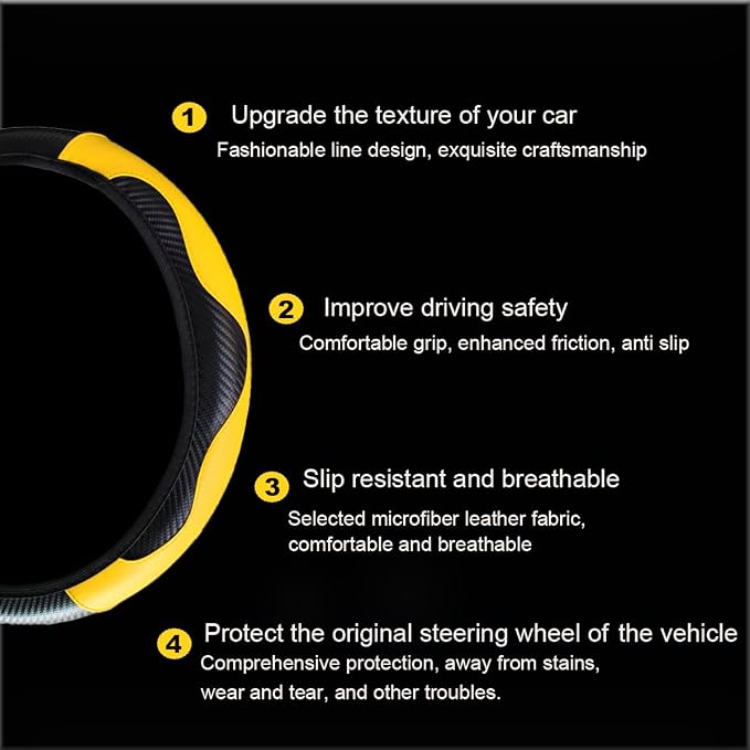 Ultra Fine Carbon Fiber Leather Steering Wheel Cover, Anti Slip and Sun Protective Protect The Steering Wheel, Easy to Install,Universal of 14.5"-15" (Yellow)