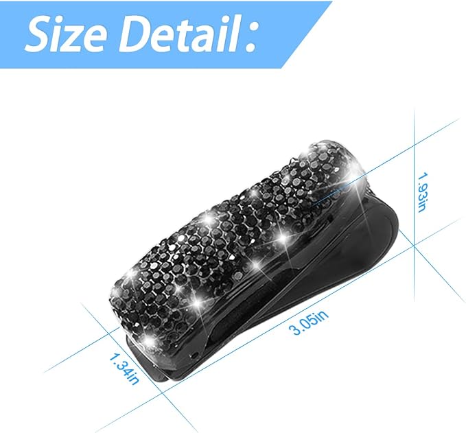 Moly Magnolia Bling Car Glasses Holder, 2PCS Handcrafted Crystal Rhinestones Fashion Car Sunglasses Mount with Card Clip for All Sun Visors, Auto Interior Accessories for Women Girl (Black)