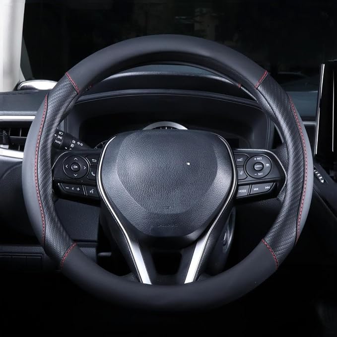 Carbon Fiber Leather Steering Wheel Cover Black - Premium Perforated Leather Sport Wrap with Odorless Rubber Non-Slip Inner, Universal Fit for Cars Trucks SUVS - 15 Inch