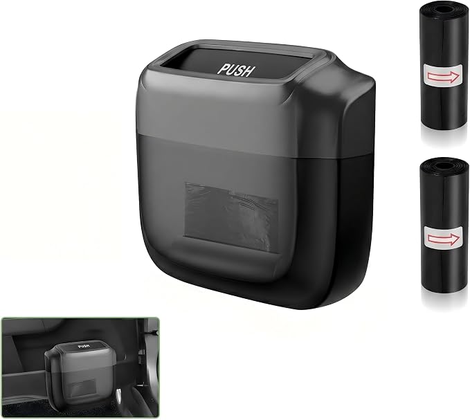 Car Trash Can with Lid, Waterproof Push-Open Garbage Box with 30 Trash Bags, Portable Hanging Door Side Storage Bucket, Large Capacity Organizer for Most Cars Trucks Vans (Black)