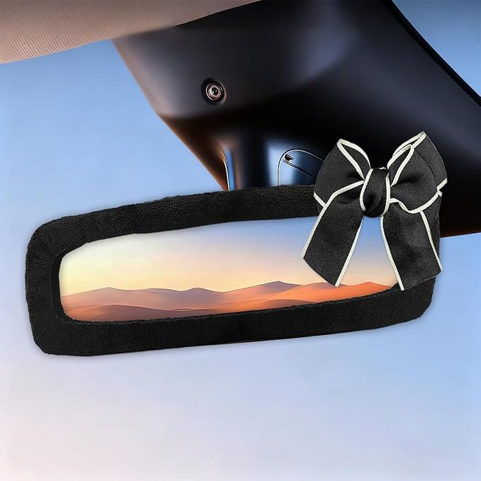 Bow Car Rearview Mirror Cover, Plush Auto Rear View Mirror Elastic Dustproof Protector, Universal Vehicle Interior Mirrors Edge Decoration Accessory for Cars, SUVs, Trucks (Black)