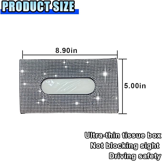 Bling Car Sun Visor Tissue Box Holder, PU Leather Auto Paper Towel Cover, Glitter Crystal Rhinestone Napkin Holder, Car Decoration Accessories for Women (Black/White)