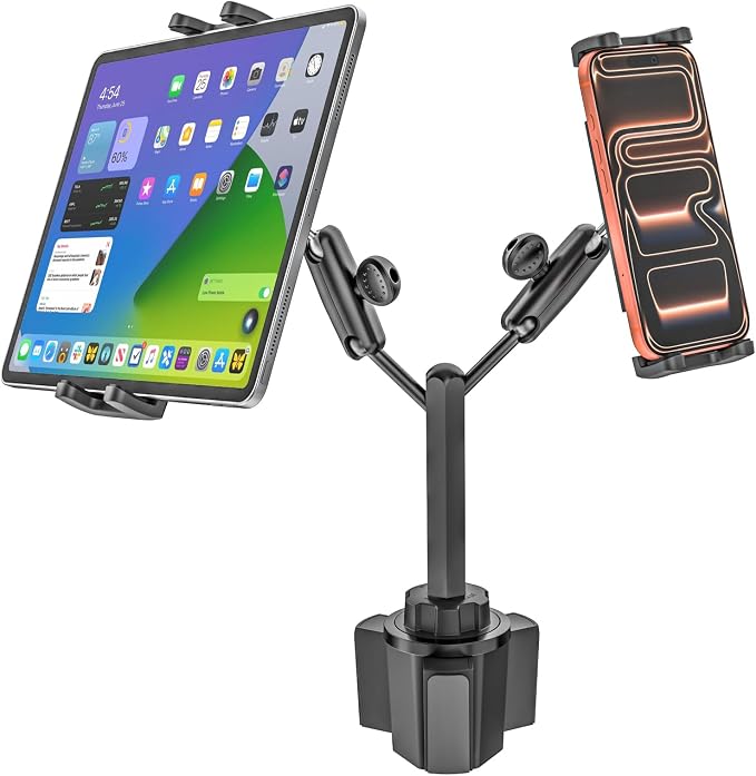 Dual iPad Cup Holder Mount for Tablet & Phone, Heavy Duty Metal Cup Holder Tablet Mount for Car, Truck, Double Cup Holder Tablet Holder for iPad Pro Air Mini, iPhone, Z Fold, 4-13" Device