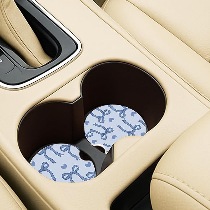 Ceramic Car Coasters – Absorbent Car Cup Holder Coaster Set for Women, Cute Aesthetic Car Accessories for Girls, 2 Pack (Blue)
