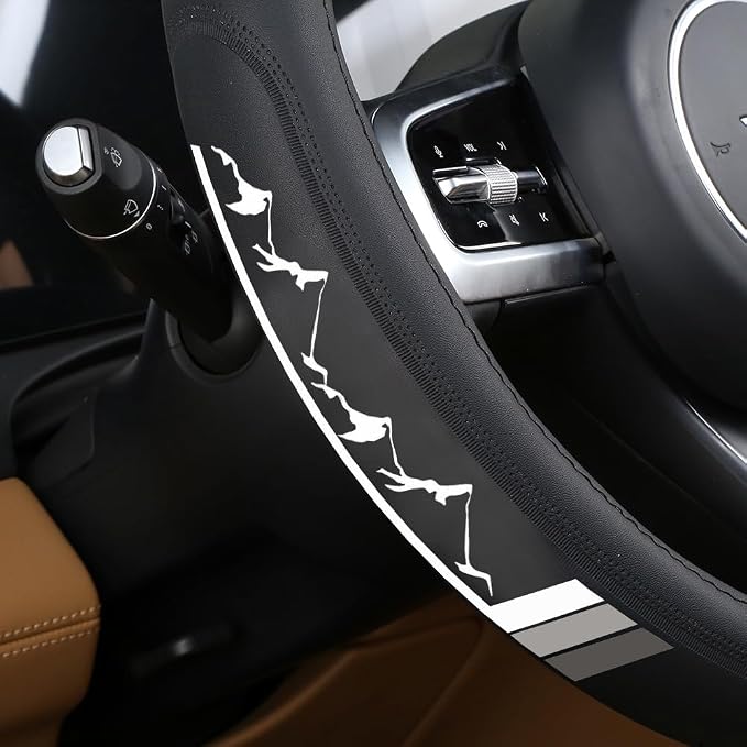 Premium Leather Sport Mountain Steering Wheel Cover 15.5inch for Men Women Compatible with Car Truck SUV