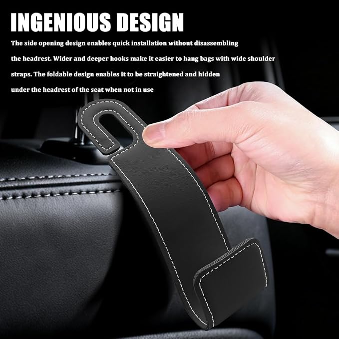 Car Seat Headrest Hooks, Purse Hook for Car, Automotive Headrest Handbags Holder, Auto Accessories Leather Seatback Organizer Hanger for Hanging Purses Bags Coats (Black, 1PCS)
