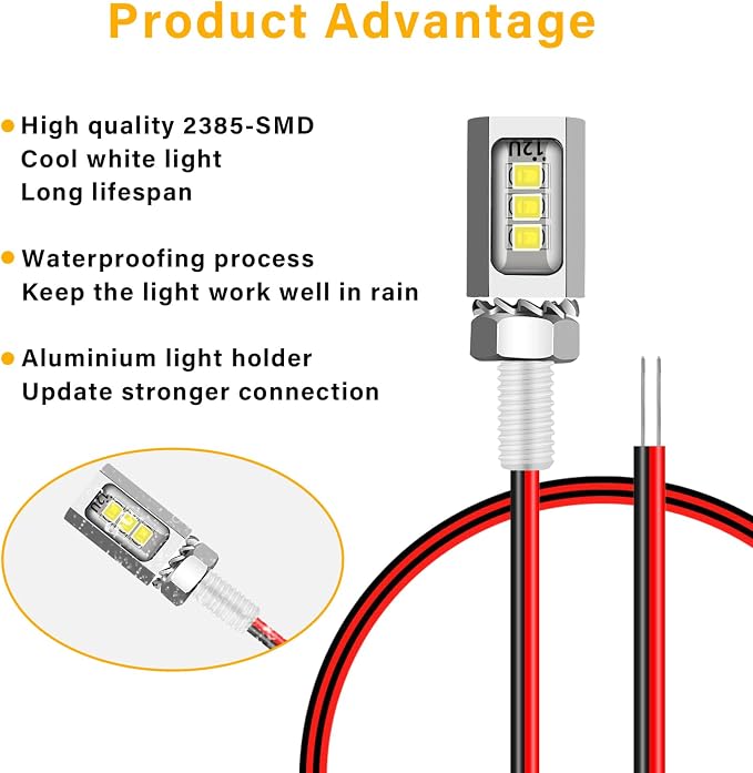 LED License Plate Light,License Tag Screw Bolt Lamp,12V White LED Bulb, Waterproof/Rainproof IP68 Aluminium Light Holder, Legal for Car Motorcycle Truck RV ATV Bike 2PCS (Silvery)