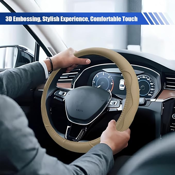 15 Inch Leather Car Steering Wheel Cover for SUV, Truck, Beige | Anti-Slip Breathable Automotive Steering Wheel Protector, Universal Heat Resistant Vehicle Interior Accessories