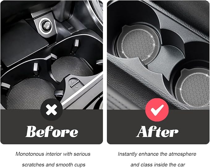 4PCS Bling Car Cup Holder Coaster, Crystal Rhinestone Insert Dustproof Non-Slip Drink Cup Mat, Diamond Shockproof Auto Interior Water Bottle Pad Cushion Coaster, Universal Fit (Gray)