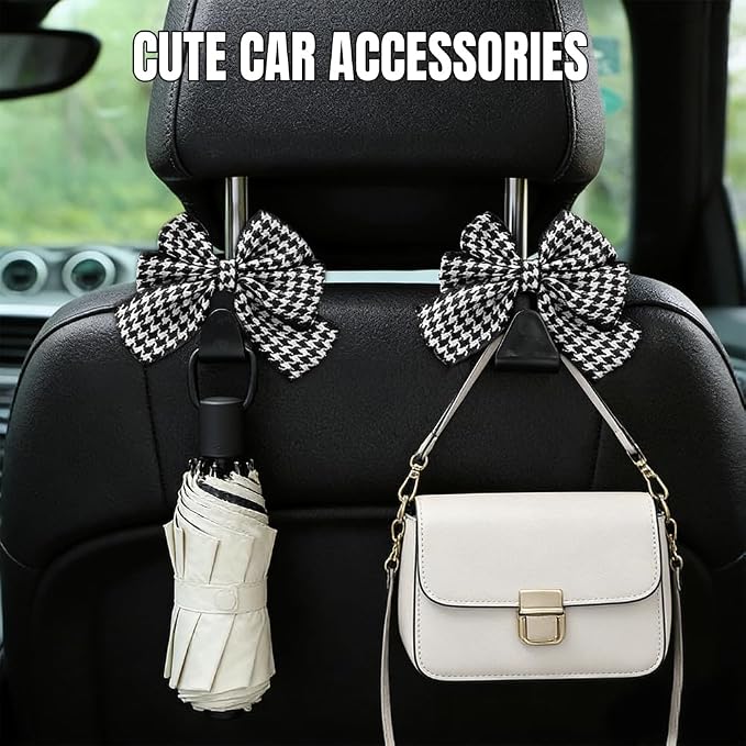 2PCS Car Seat Headrest Hooks, Car Purse Hook, Cute Bow Knot Vehicle Seatback Hanging Storage Organizer, Auto Seatback Decor Organizer Hanger for SUV Truck (Houndstooth/Black)