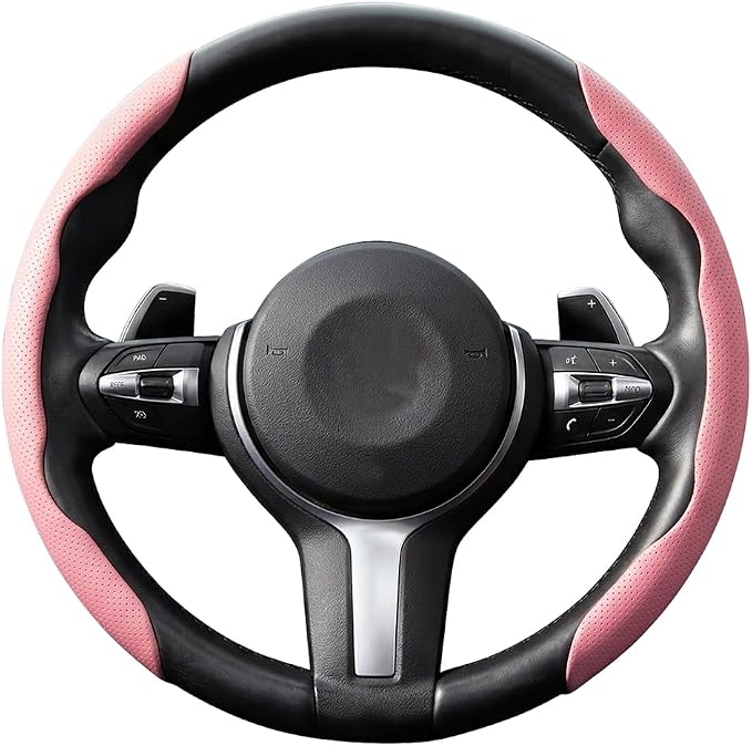 2PCS Car Steering Wheel Cover, 14.5-15" Breathable Nappa Leather Segmented Steering Wheel Protector with Non-Slip Grip, Stylish Auto Interior Decor Accessories, Universal for Vehicles (Pink)