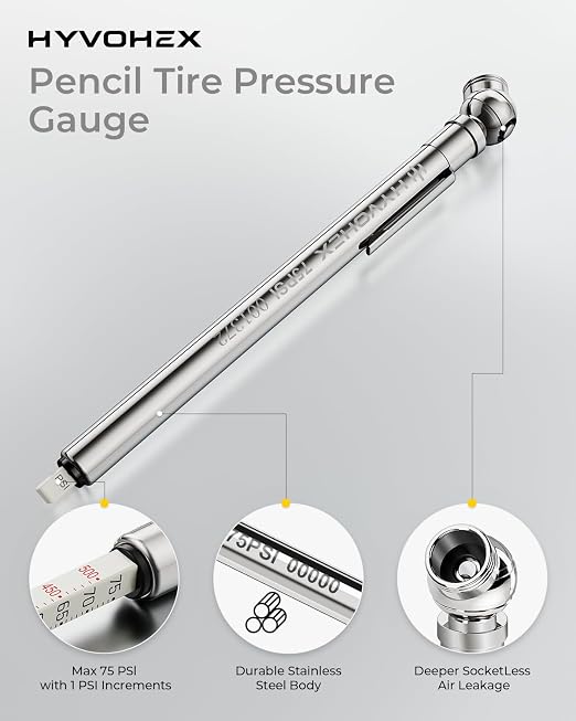 Pencil Tire Pressure Gauge 5 Pack with Valve Caps, Stainless Steel Body Tire Gauges for Tire Pressure with Deflator Valve, Metal Nozzle Tire Gauge for Cars, Pickups, RVs, Bicycles