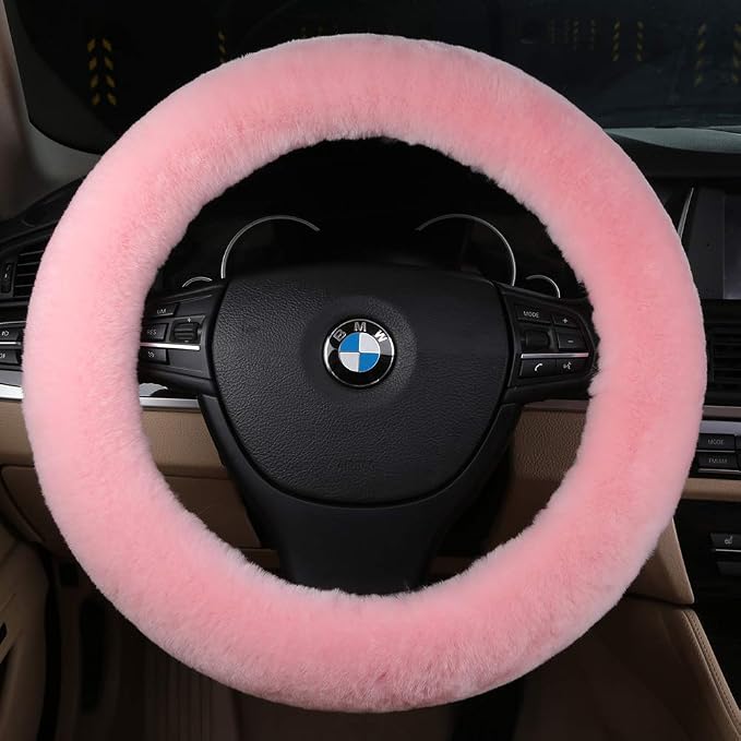 OGLAND Natural Fur Wool Sheepskin car Steering Wheel Cover,Protector for Universal Steering Wheel 15 Inchs, Anti-Slip,Comforting and Luxurious, Soft Texture, Gift for Women (Korean Pink)