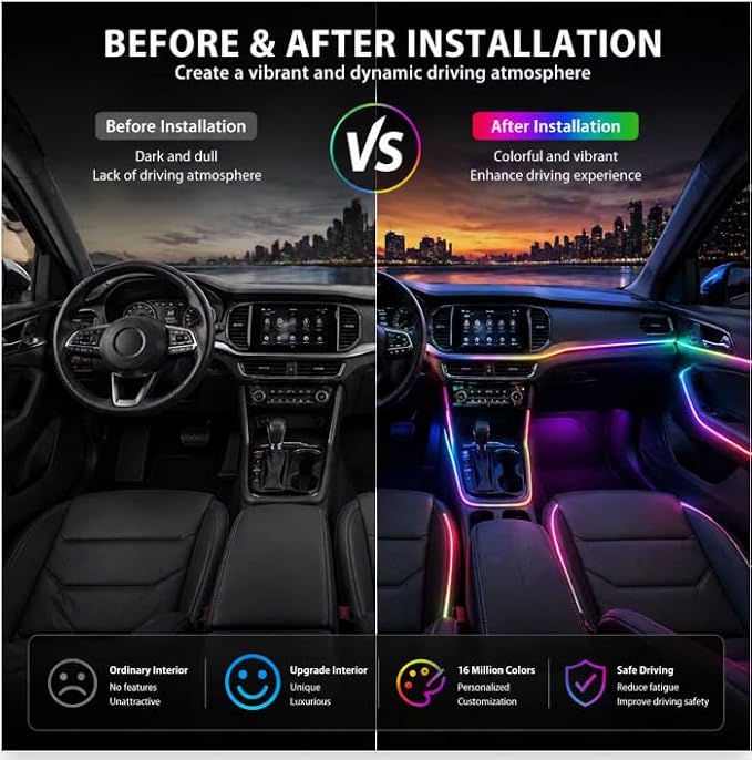 Car Interior Ambient Lighting Kit, Acrylic LED Strip Lights 43.3in 2 in 1, APP & Remote Control, RGB Music Sync Neon Light, USB Powered Flexible Car Lights for Dashboard, Door, Universal Fit