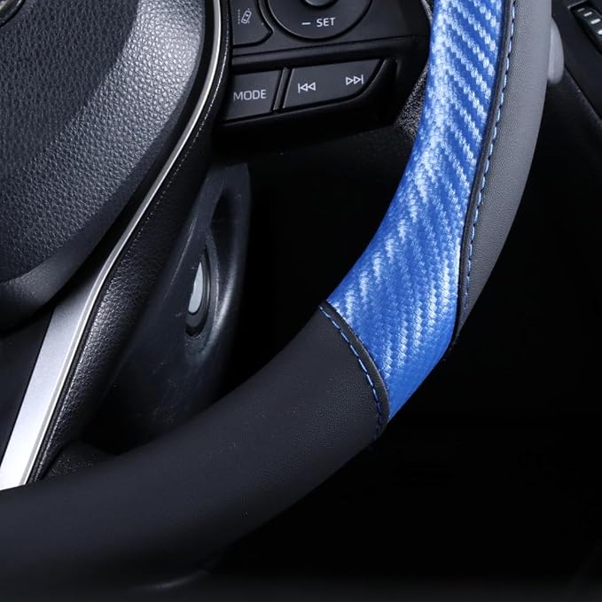 Steering Wheel Cover Blue - Premium Perforated Leather Sport Wrap with Carbon Fiber Texture and Odorless Rubber Non-Slip Inner, Universal Fit for Cars Trucks SUVS - 15 Inch (Blue)